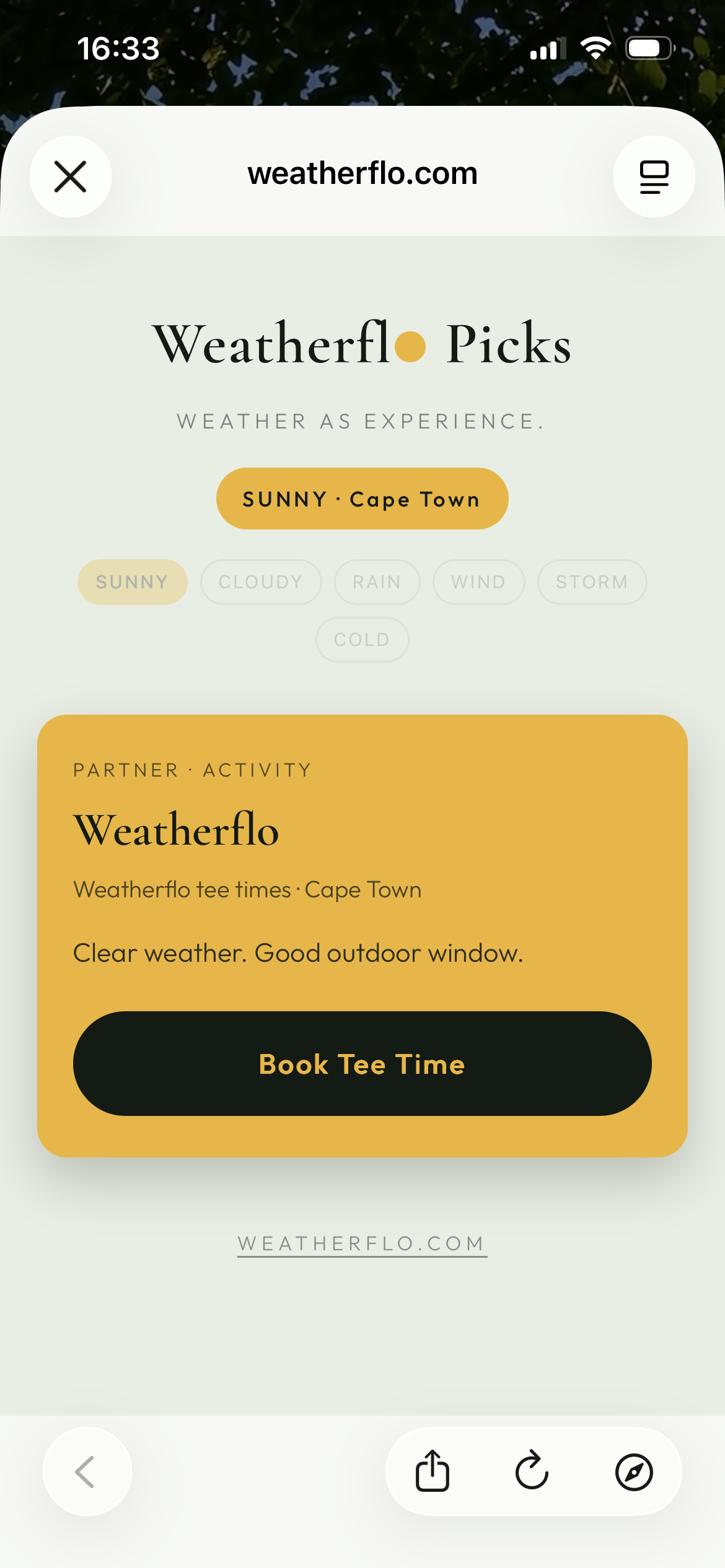 WeatherFlo Picks page showing Book Tee Time offer